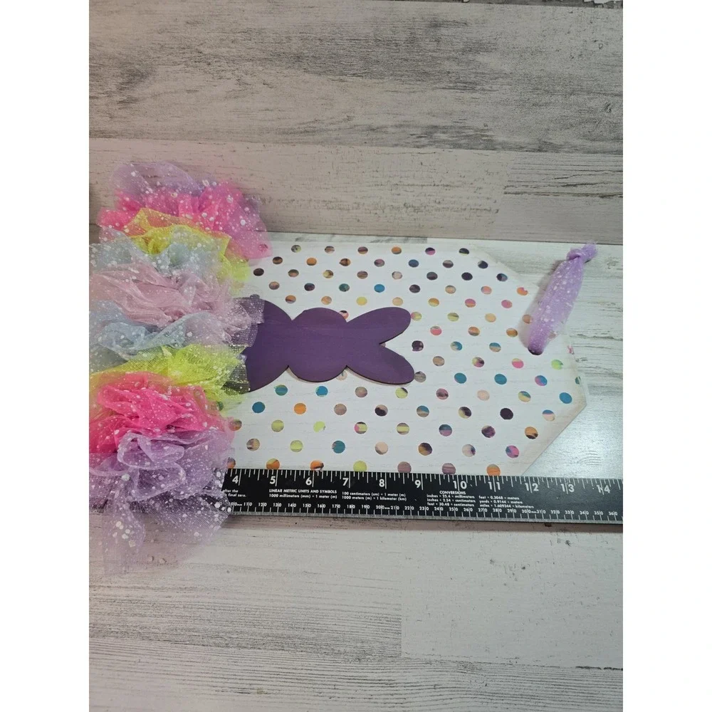Easter‎ Bunny Wood Tag Wall Hanging Polka Dot Tulle Ruffle Purple White 12x8